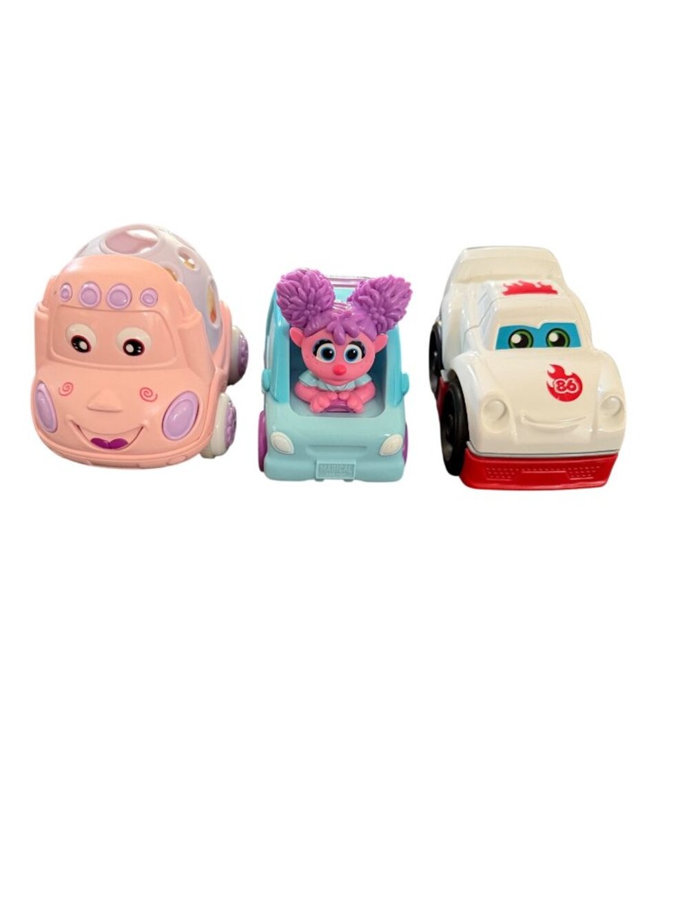 Set Of 3 Colorful Cartoon Toy Cars For Kids Includes Pink Blue & White Cars With